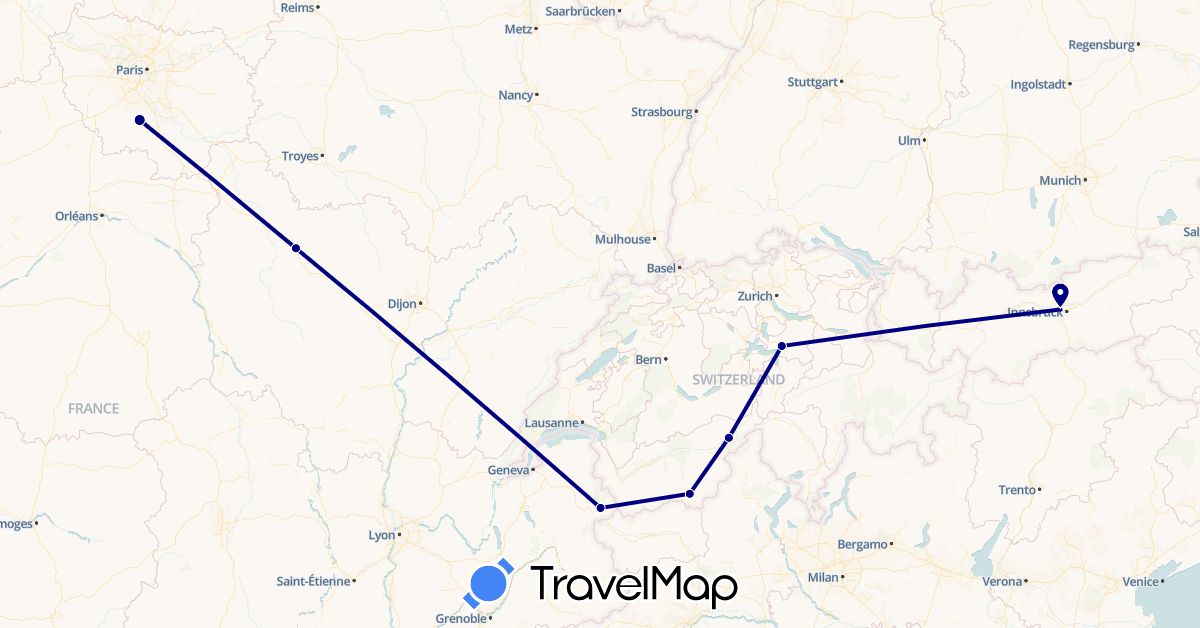 TravelMap itinerary: driving in Austria, Switzerland, France (Europe)